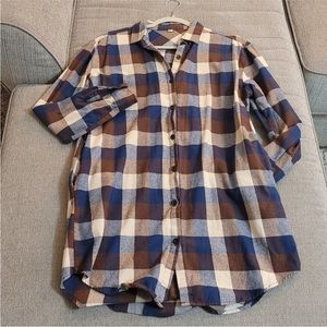 Blue Brown Plaid Button Down Casual Relaxed Dress with Pockets Size Large